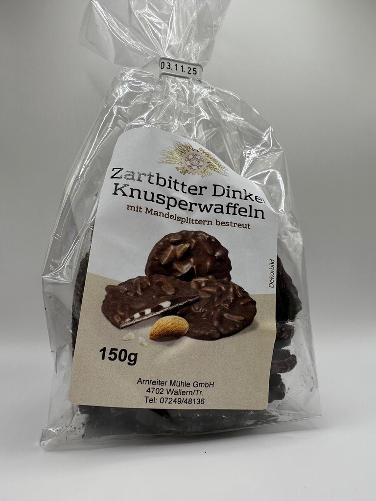 Zartbitter Dinkel Knusperwaffel mit Mandelsplitter bestreut - 150g